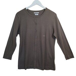 Van Heusen Studio Womens Taupe‎ Brown Cotton 3/4 Sleeve Cardigan Sweater L NEW